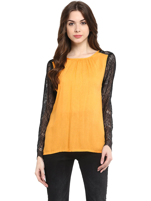 Women's  Mustard Yellow Rayon Black Lace Sleeve Top - StyleStone