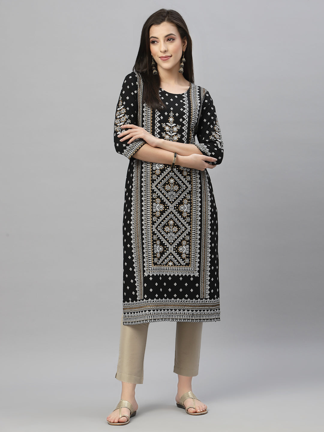 Women's Black Rayon Festive Placement Print Straight Kurta - Juniper