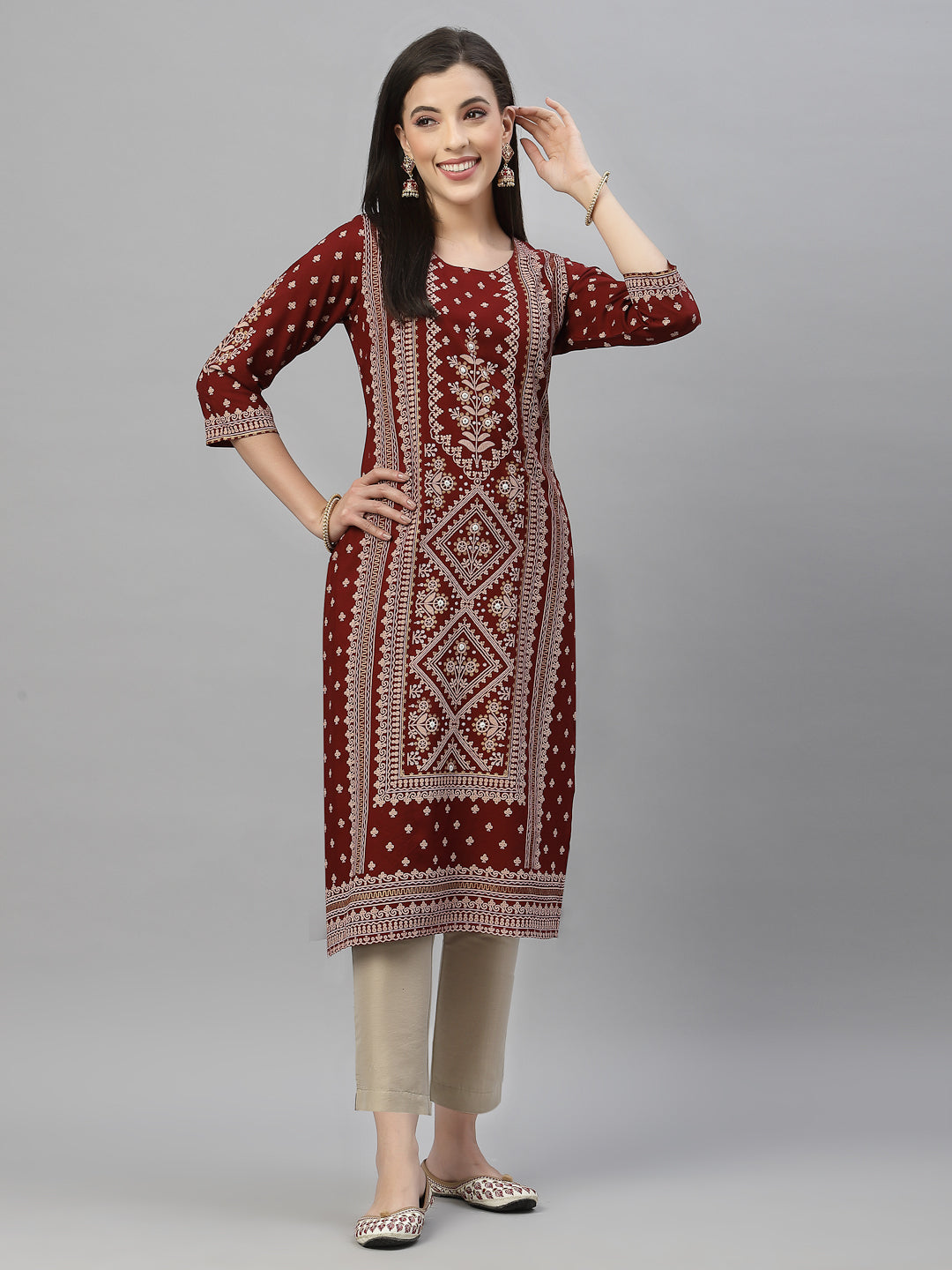 Women's Maroon Rayon Festive Placement Print Straight Kurta - Juniper