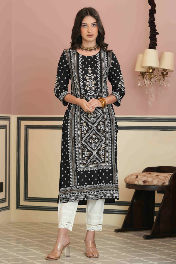 Women's  Black Rayon Plaement Printed Straight Kurta  - Juniper