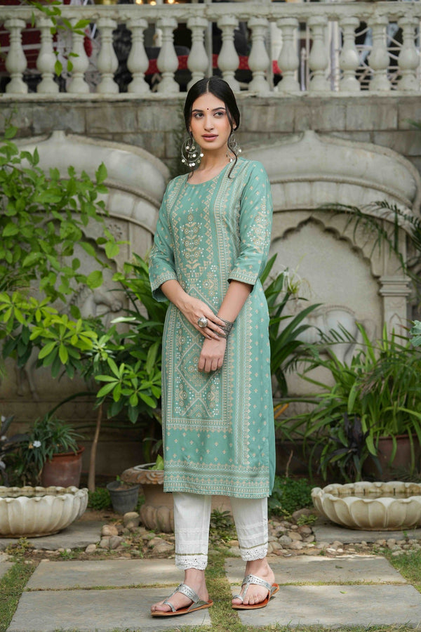 Women's  Sagegreen  Rayon Plaement Printed Straight Kurta  - Juniper