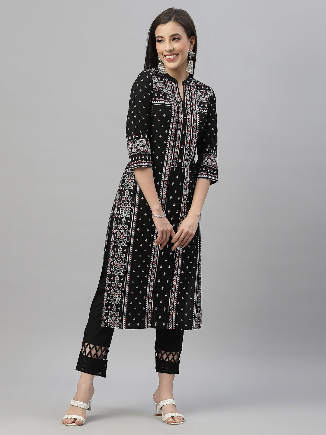 Women's Black Rayon Festive Placement Print Straight Kurta - Juniper