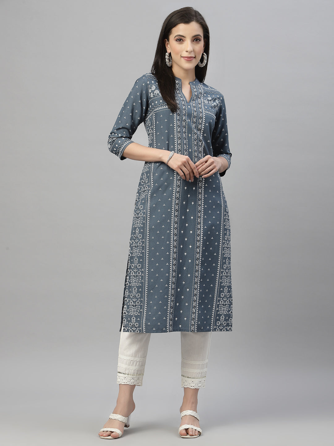 Women's Blue Rayon Festive Placement Print Straight Kurta - Juniper