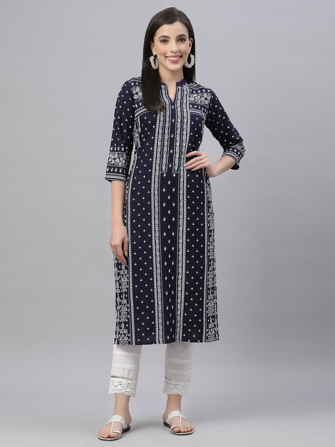 Women's Indigo Rayon Festive Placement Print Straight Kurta - Juniper