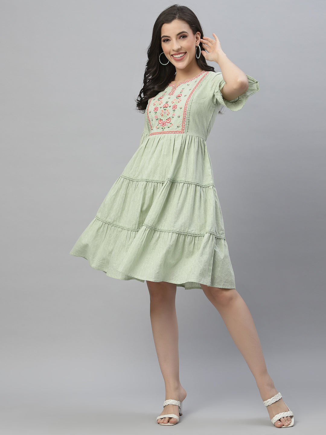 Women's Green Cotton Dobby Festive Embroidered Tiered Dress - Juniper