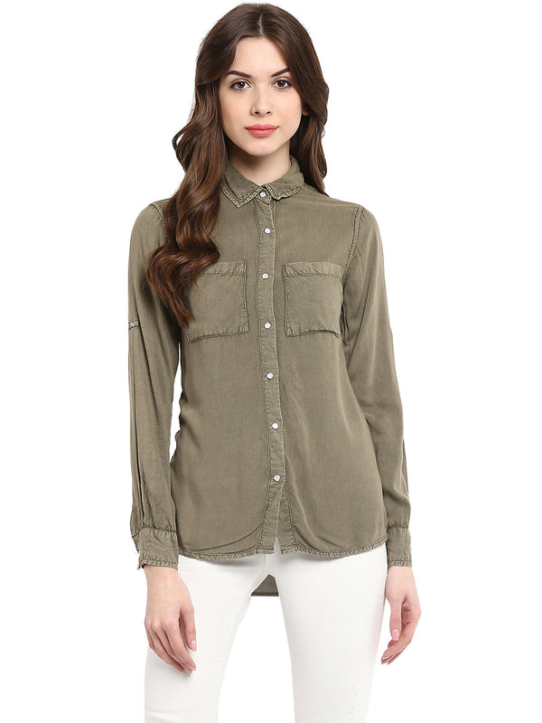 Women's  Olive Green Rayon Acid Wash Shirt - StyleStone