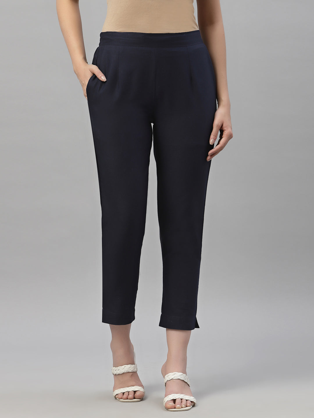 Women's Navy Cotton Flex Festive Solid Straight Pant/Slim Pant - Juniper