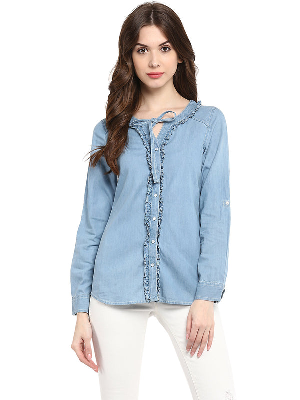 Women's  Denim Ruffle Top with Tie Up - StyleStone