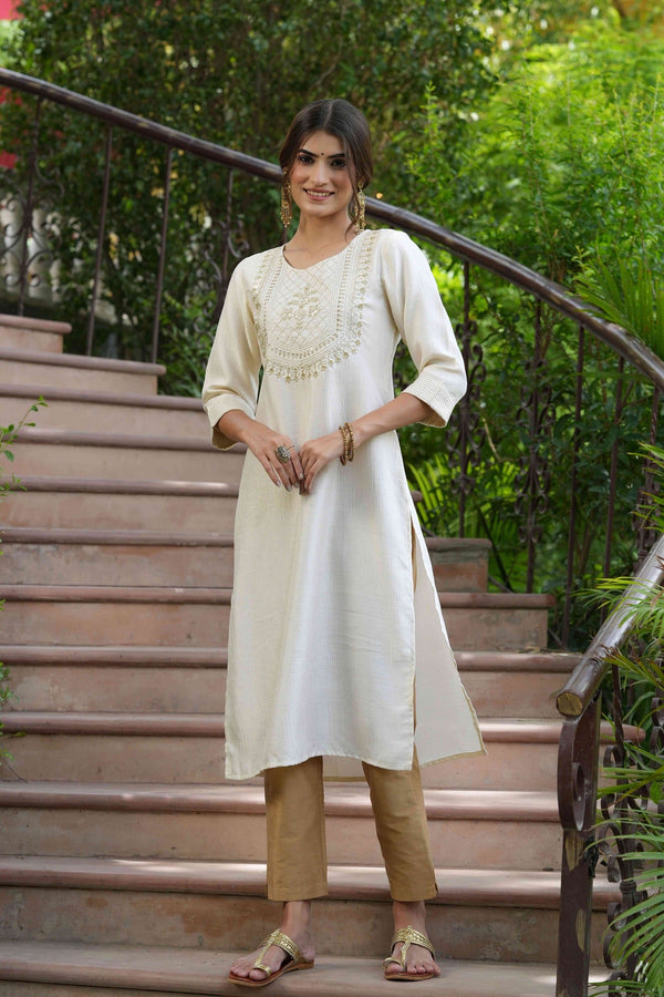 Women's  Cream Silk Embroidered Straight Kurta  - Juniper