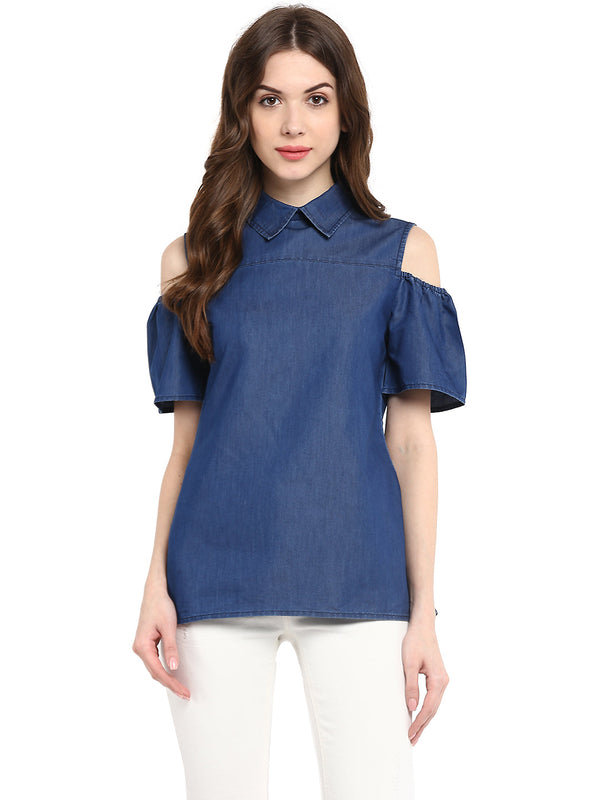 Women's  Denim Top with Cold Shoulder - StyleStone