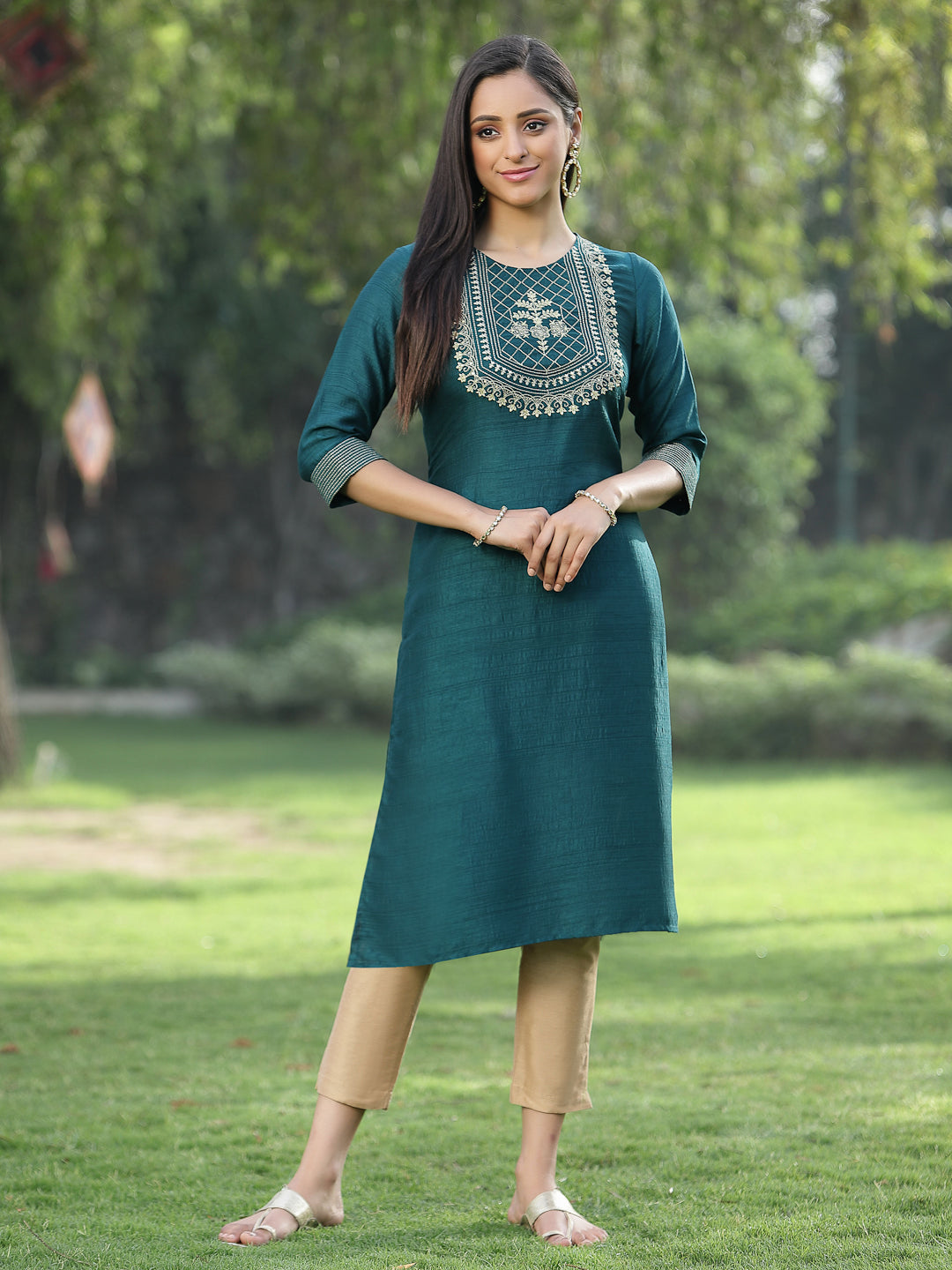 Women's Green Silk Festive Embroidered Straight Kurta - Juniper