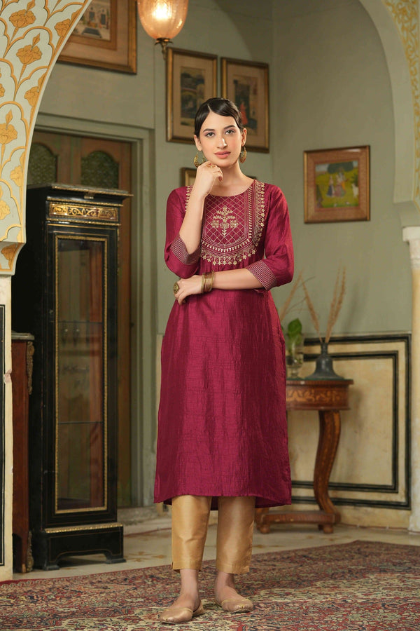 Women's  Maroon Silk Embroidered Straight Kurta  - Juniper