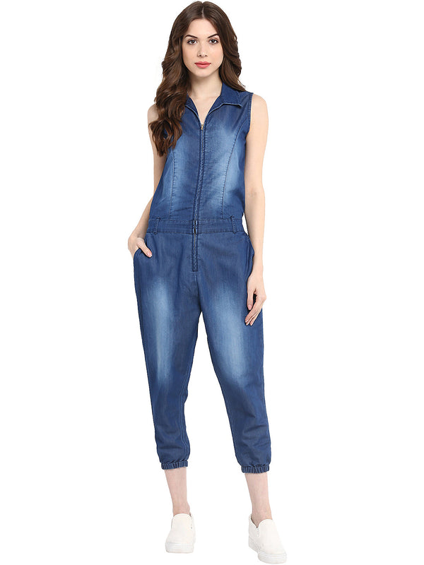 Women's  Denim Monkey Wash Jumpsuit - StyleStone