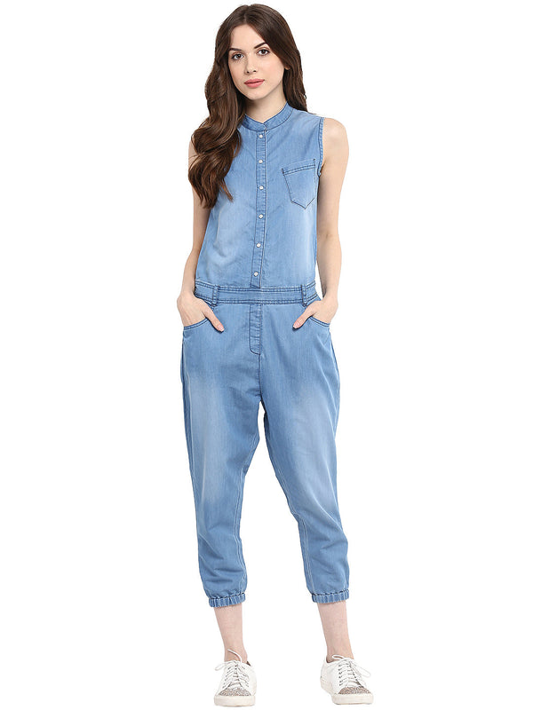 Women's  Denim Mandarin Collar Jumpsuit - StyleStone