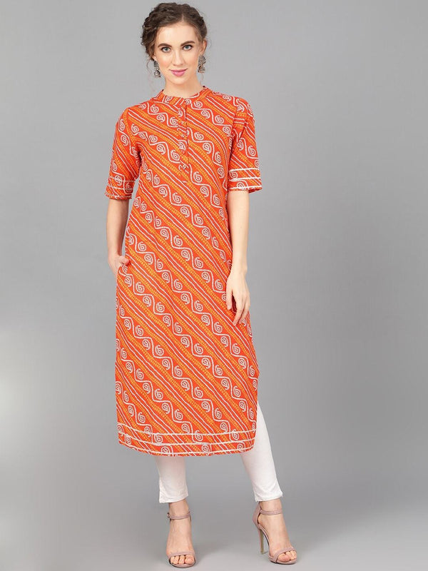 Women's  Orange & White Printed A-Line Kurta - AKS