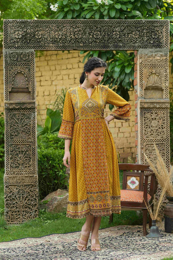 Women's  Mustard Georgette Festive Printed Flared Dress For Women - Juniper