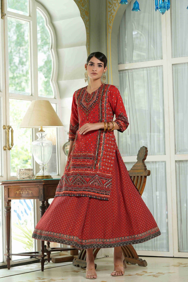 Women's  Red  Chanderi Placement Printed Double Layred Kurta Dress - Juniper