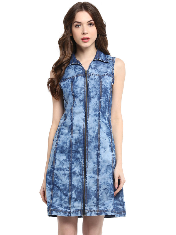 Women's  Cloud Wash Blue Zip Dress with Seam - StyleStone