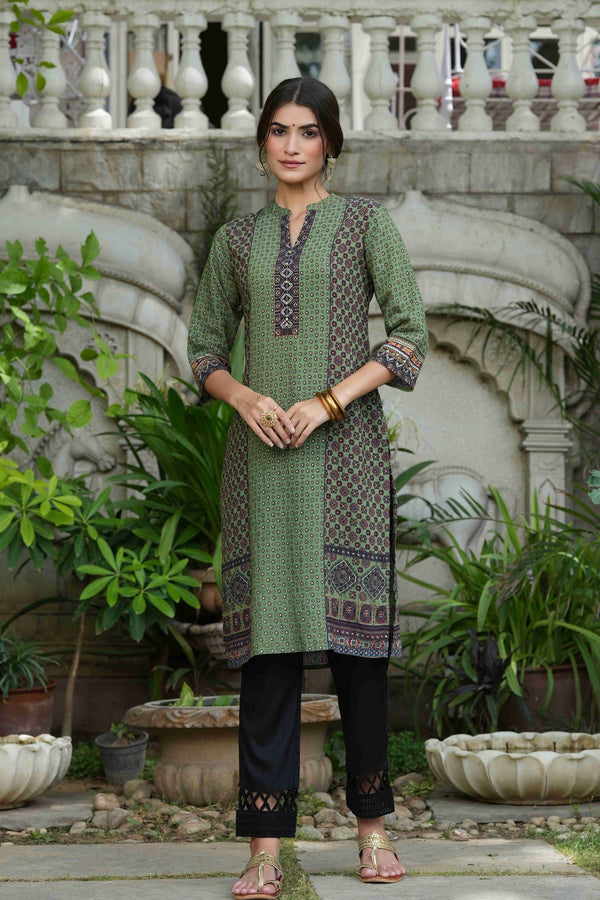 Women's  Green Rayon Festive Gold Foil Printed Straight Kurta For Women - Juniper