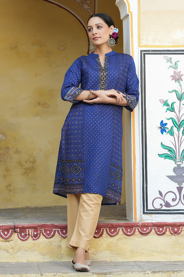 Women's  Indigo Rayon Placement Printed Straight Kurta - Juniper