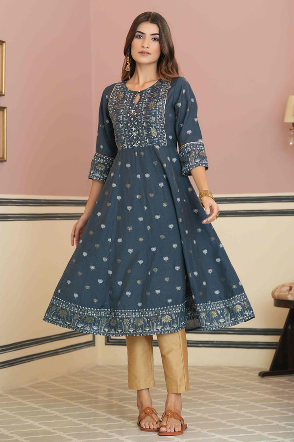 Women's  Teal Rayon Placement Printed Anarkali Kurta - Juniper