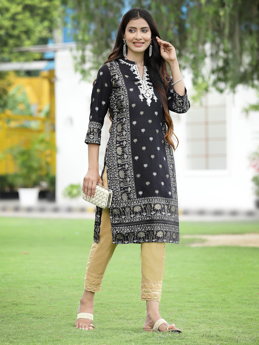 Women's Black Rayon Festive Embroidered Straight Kurta - Juniper