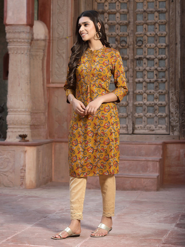 Jashvi Mustard Floral Printed Muslin Kurta With Tassels & A Pleat At Front