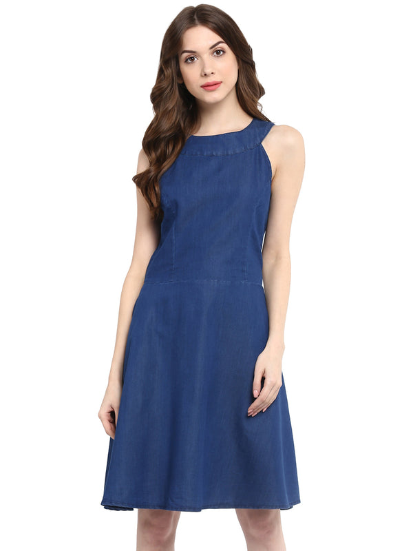 Women's  Round Neck Denim Dress - StyleStone