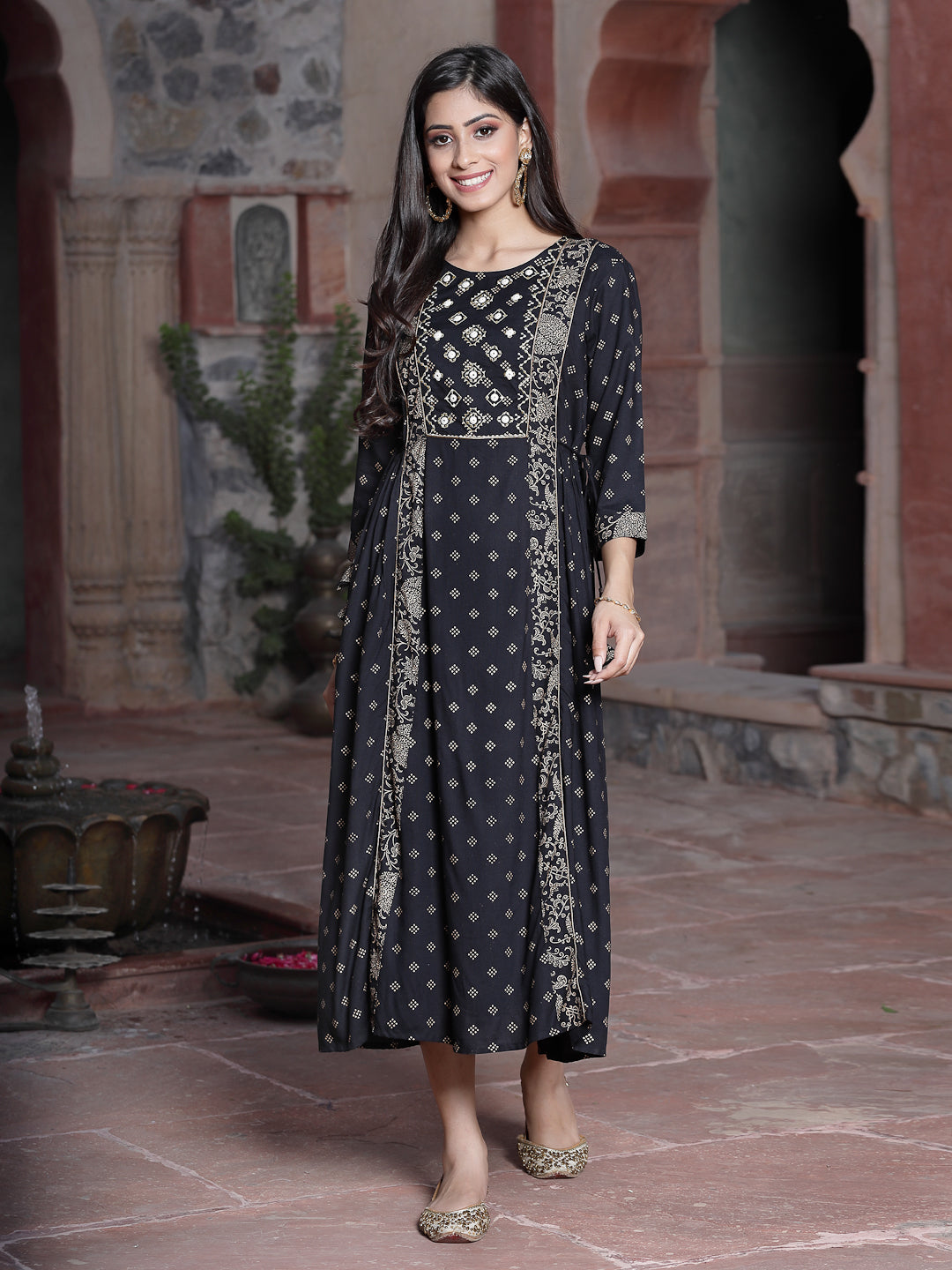 Women's Black Rayon Printed Embroidered Flared Dress - Juniper