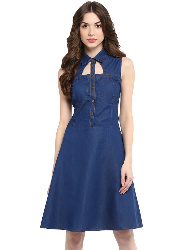 Women's  Dark Blue Denim Dress with Neck cutout - StyleStone