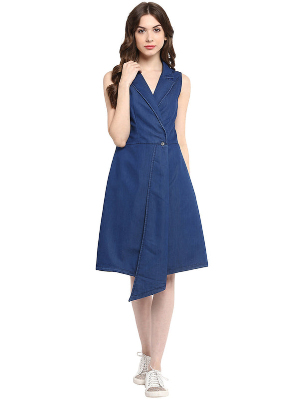 Women's  Blue Denim Wrap Dress with Flap - StyleStone