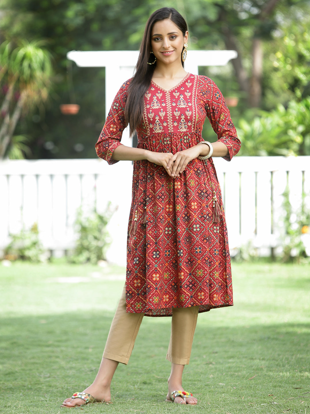 Women's Red Rayon Festive Printed Flared Kurta - Juniper