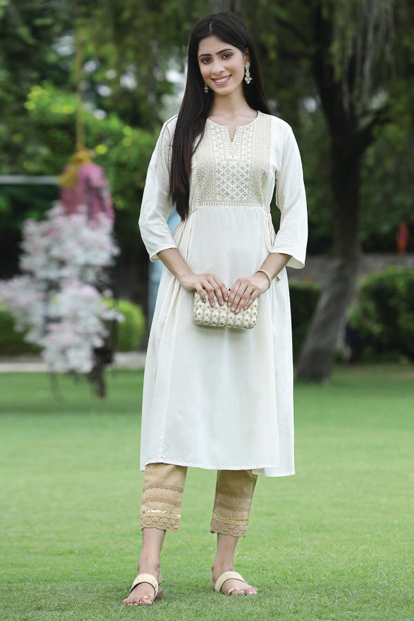 Jashvi Ivory Ethnic Motif Printed Rayon Flared Kurta With Zari Work Embroidery