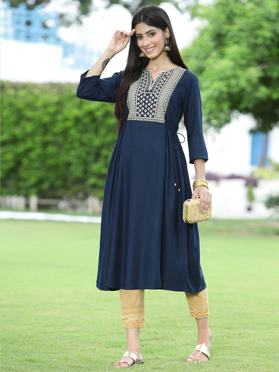 Women's Navy Rayon Festive Embroidered Flared Kurta - Juniper