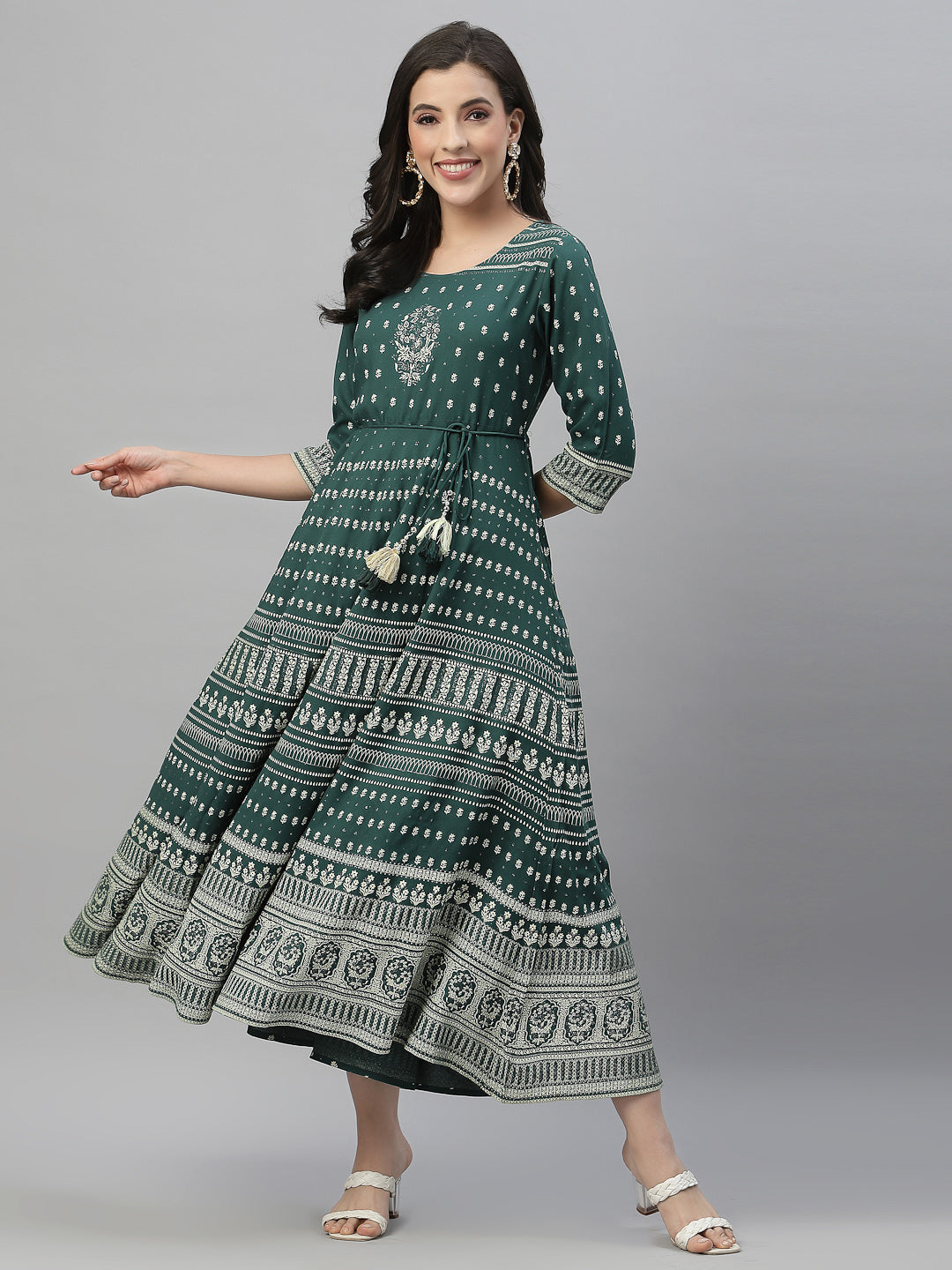 Women's Green Rayon Festive Printed Flared Dress - Juniper