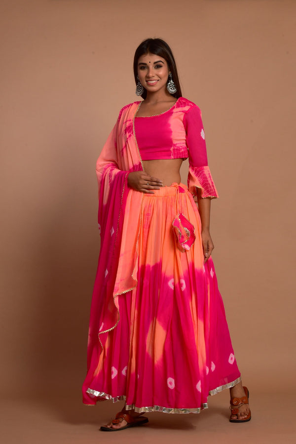 Women's Pink Hand Tie And Die Lehenga Set - Saras The Label