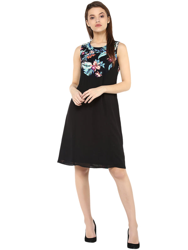 Women's  Tropical Print and Black Dress - StyleStone