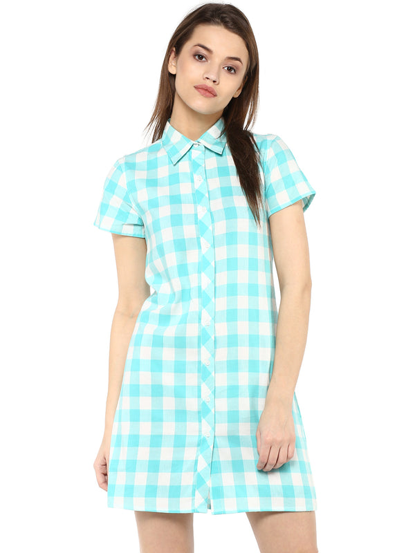 Women's  Ice Blue and White Check Shirt Dress cum Tunic - StyleStone