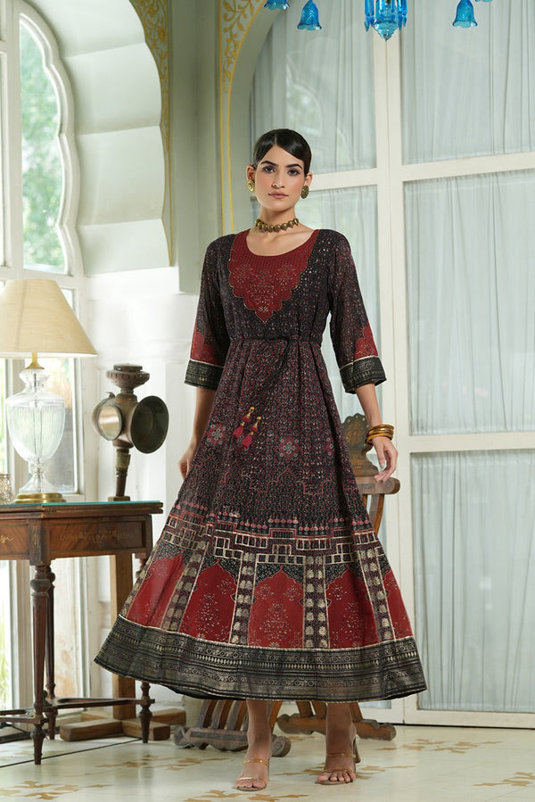 Women's  Black Georgette Festive Printed Anarkali Flared Anarkali Kurta For Women - Juniper