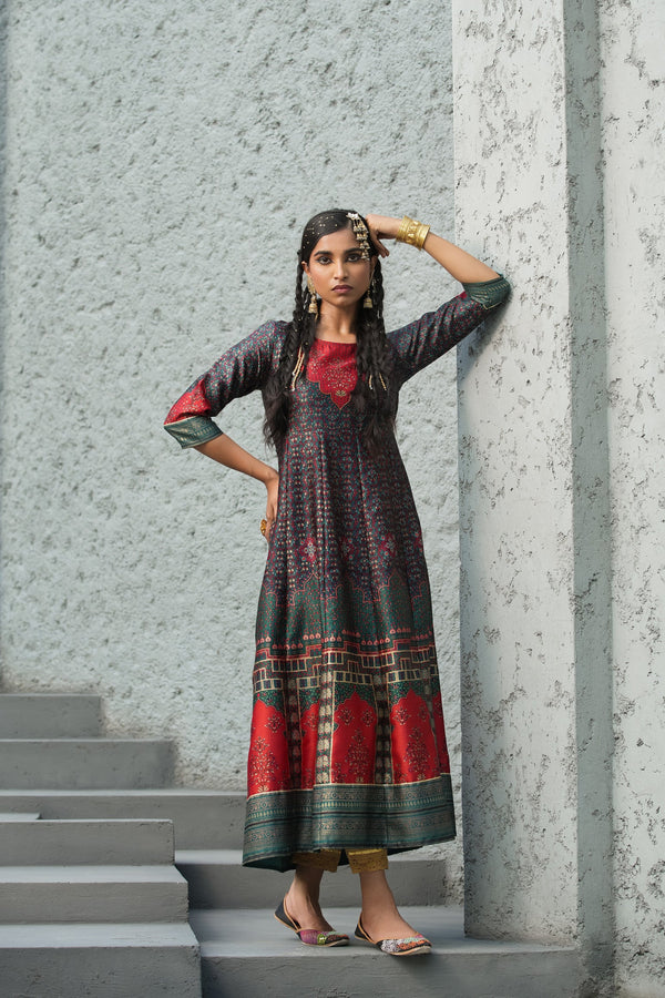 Women's  Green Multi Color Printed Anarkali Kurta  - Juniper