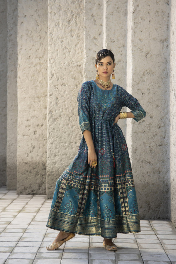 Women's  Teal Satin Festive Printed Anarkali Flared Anarkali Kurta For Women - Juniper