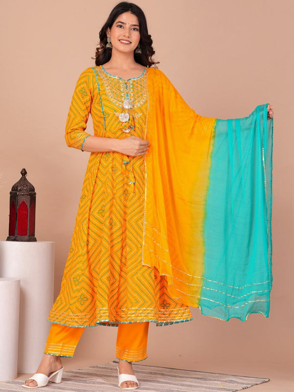 Women's Bandhani Printed Regular Kurta With Palazzos & Dupatta - Taantav