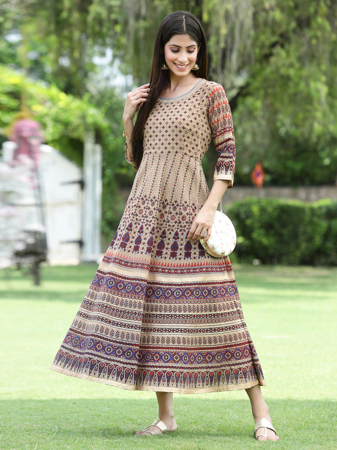 Women's Brown Multi Georgette Festive Printed Flared Anarkali Kurta - Juniper