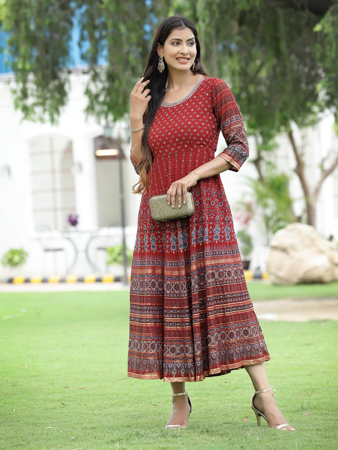 Women's Rust Georgette Festive Printed Flared Anarkali Kurta - Juniper