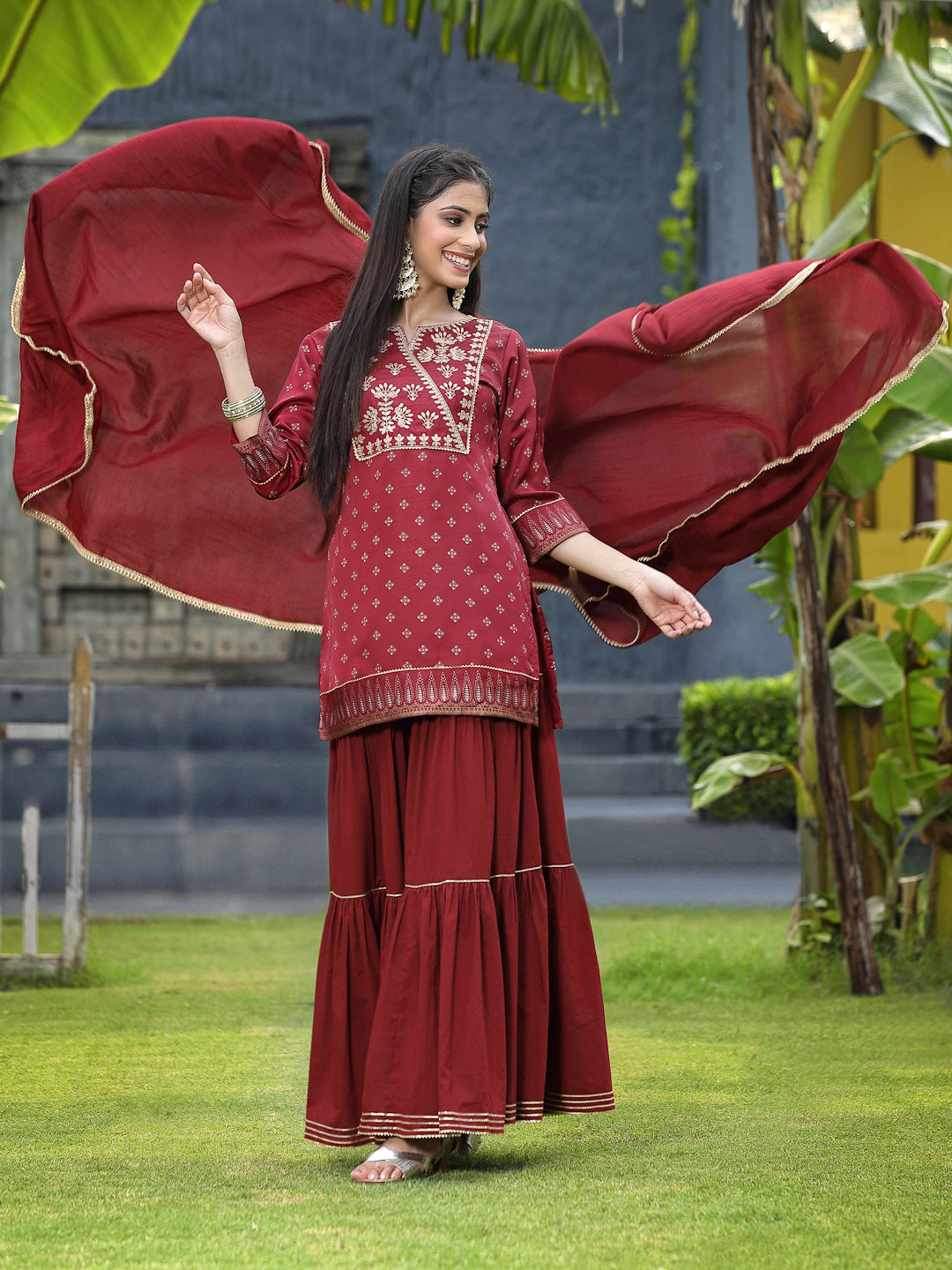 Women's Maroon Satin Slub Festive Embroidered Printed Straight Kurta Skirt Dupatta Set - Juniper