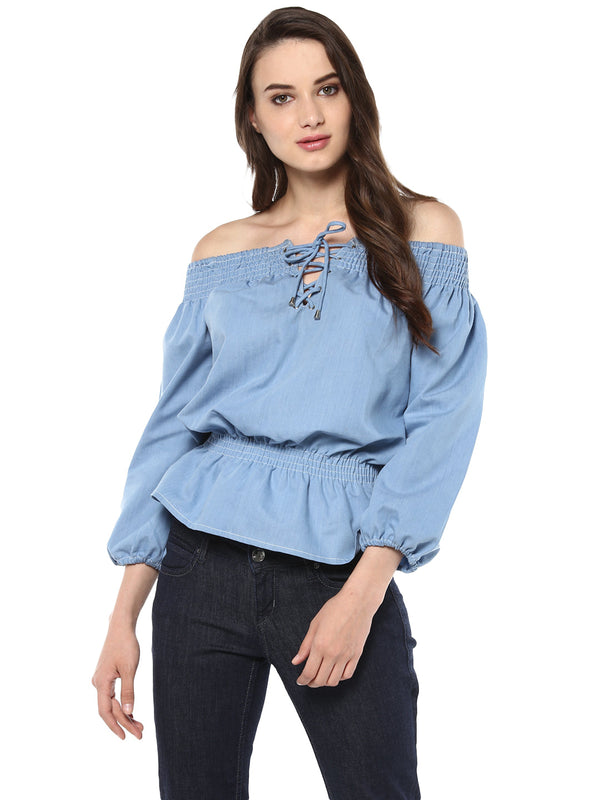 Women's  Denim Off Shoulder Lace Up Top - StyleStone