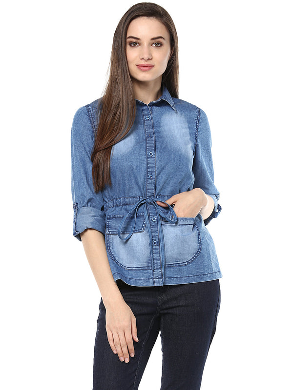 Women's  Denim top with Waist string Belt - StyleStone