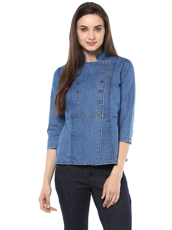 Women's  Denim Double Breast Top - StyleStone