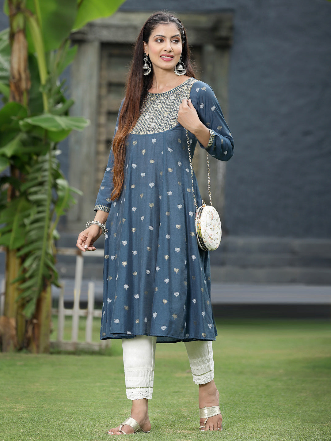 Women's Indigo Rayon Festive Foil Printed Anarkali Flared Anarkali Kurta - Juniper