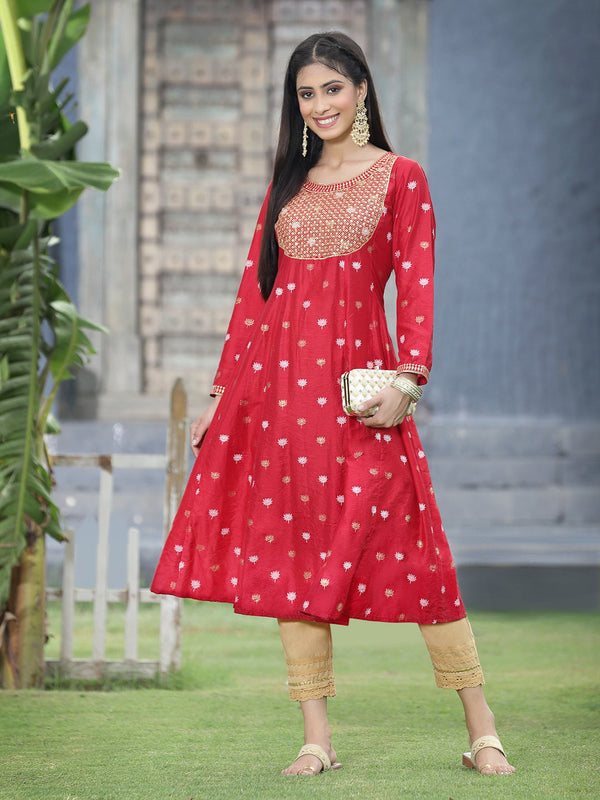 Jashvi Red Ethnic Motif Printed Rayon Anarkali Kurta With Zari Work Embroidery